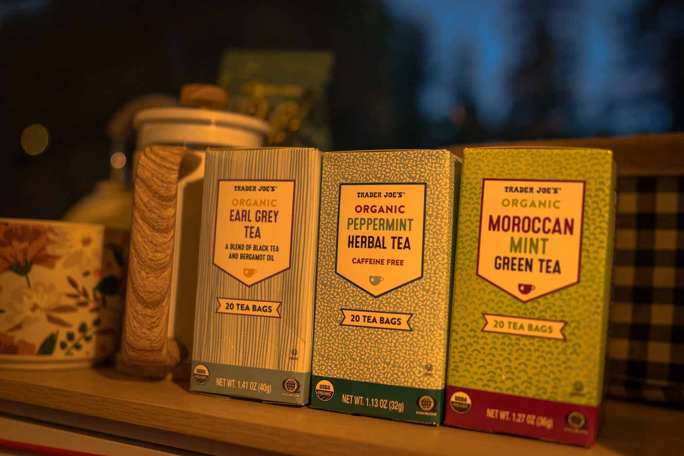 Stocking up on organic Trader Joe's teas (Earl Grey, Peppermint, Moroccan Mint), perfect for a cozy break in your RV rental.