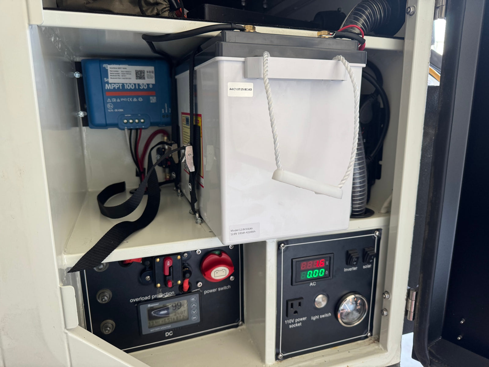 RV rental's power hub: LiFePO4 battery, solar charge controller, and integrated AC/DC panels for off-grid living.