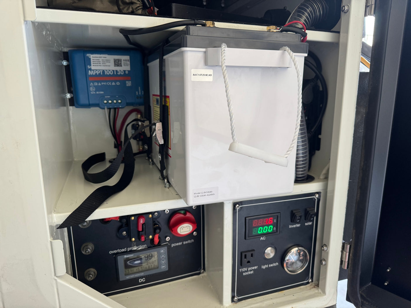 RV rental's power hub: LiFePO4 battery, solar charge controller, and integrated AC/DC panels for off-grid living.