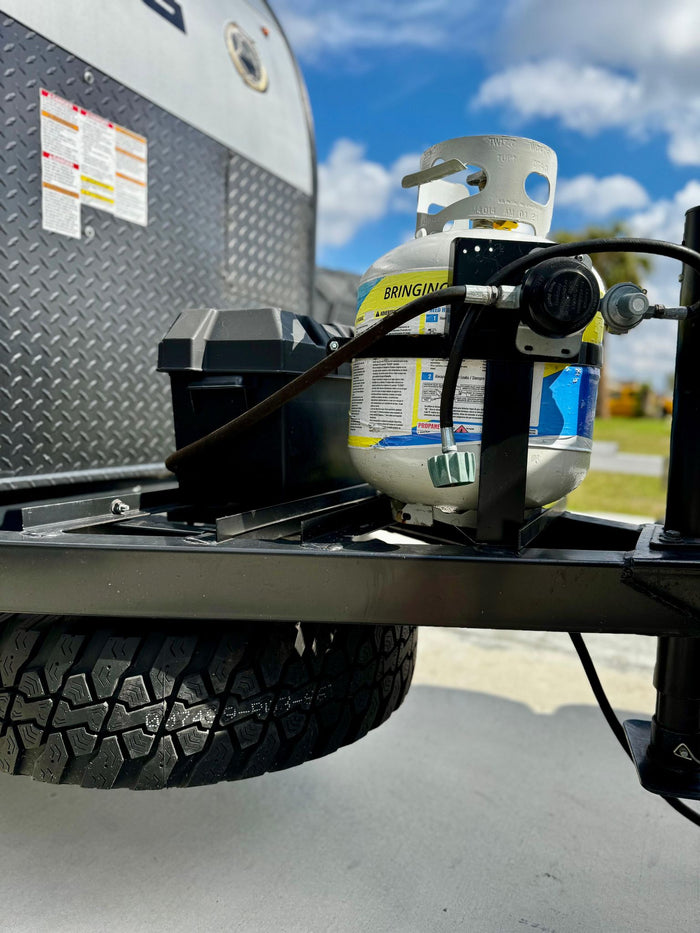 with a Coleman RV nearby. Perfect for your next RV rental trip.|Front view of an RV rental: propane tank