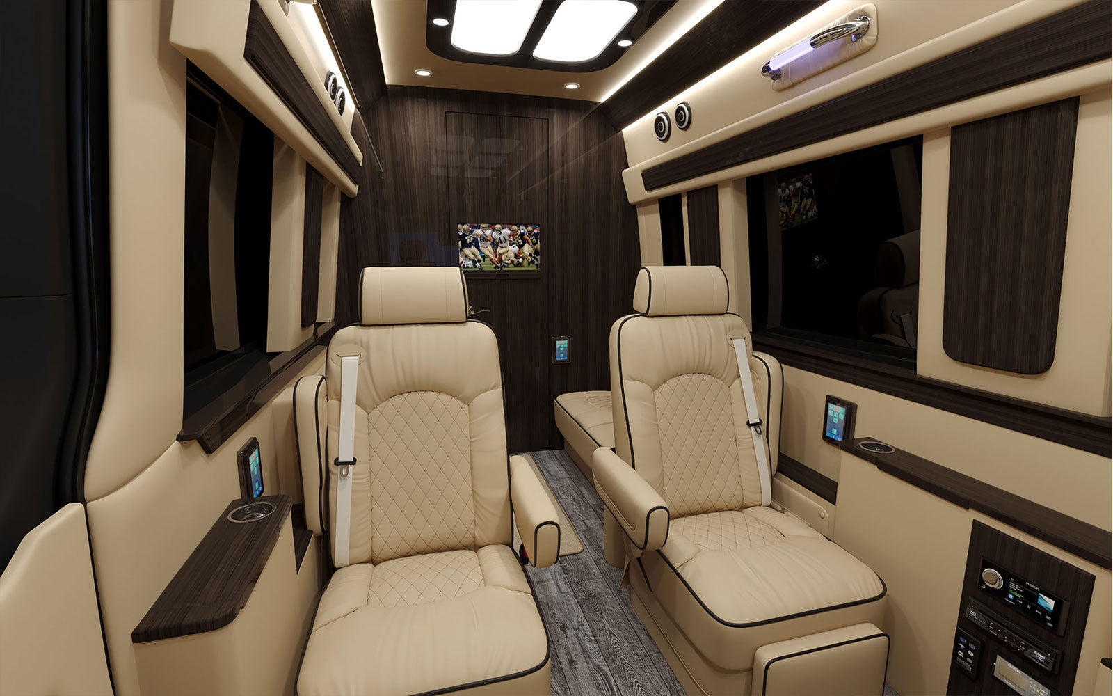 showcasing its custom cream interior through the open door.|RV rental: Luxurious custom van interior with cream leather captain's chairs