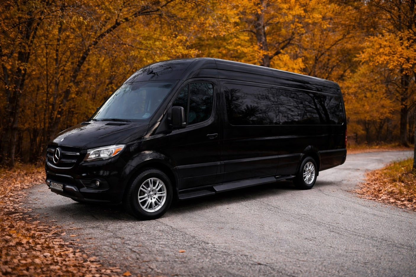 A black Mercedes-Benz Sprinter van parked on an autumn road with golden leaves