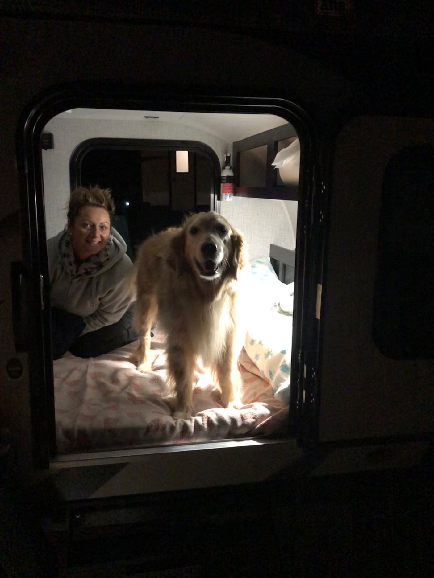 Inside a cozy rv rental, a smiling woman and her happy golden retriever dog enjoy their comfortable, pet-friendly travel.