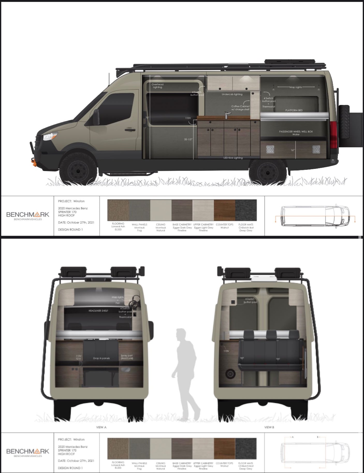 Detailed design schematics for a Mercedes Sprinter RV rental conversion, showing interior layouts with bed, kitchen, and storage.