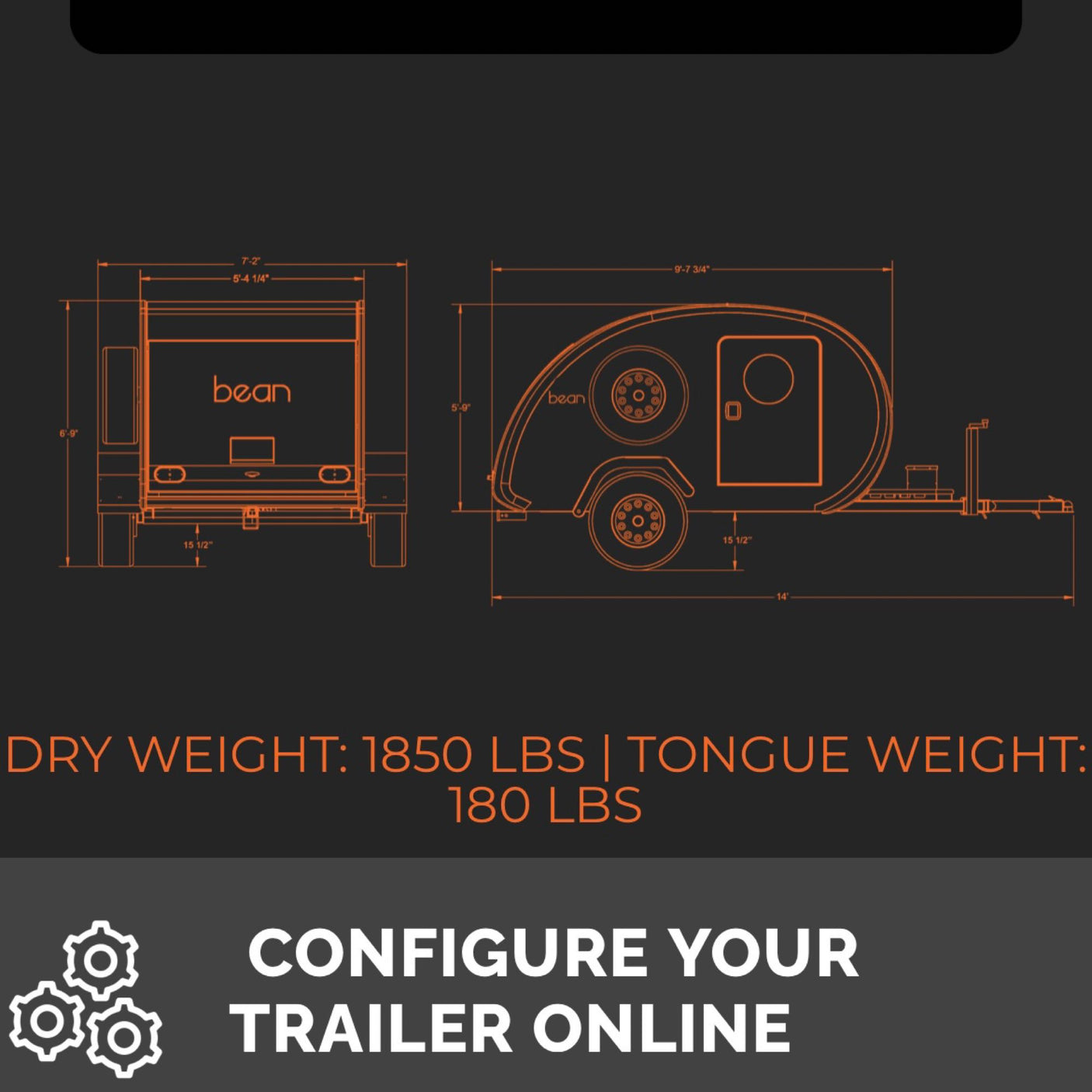 Bean teardrop trailer RV rental specs: dimensions, 1850 lbs dry weight, and 180 lbs tongue weight are shown.