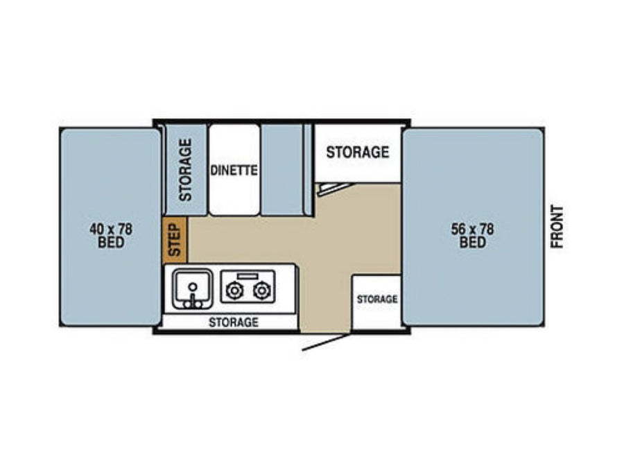 and bed areas visible.|Interior of an RV rental pop-up camper showing a compact kitchen with sink