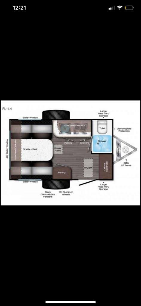 perfect for camping trips.|Top-down view of an FL-14 RV rental floor plan