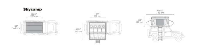 Skycamp rooftop tent dimensions shown for car camping/rv rental setup, with views closed, open for 3 sleepers, and side profile.