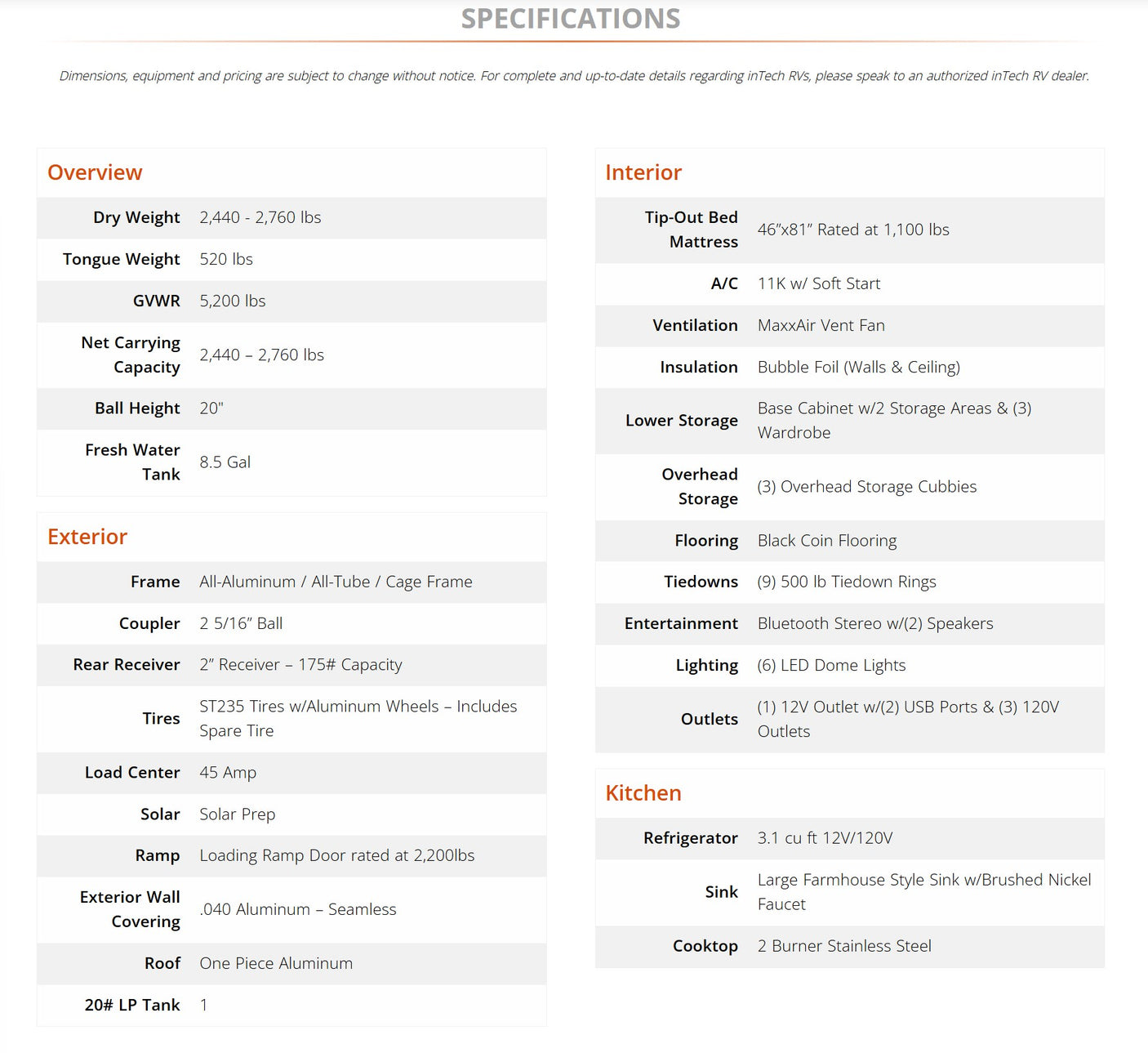 RV rental specifications sheet: detailed overview of interior, exterior, and kitchen features for an RV.