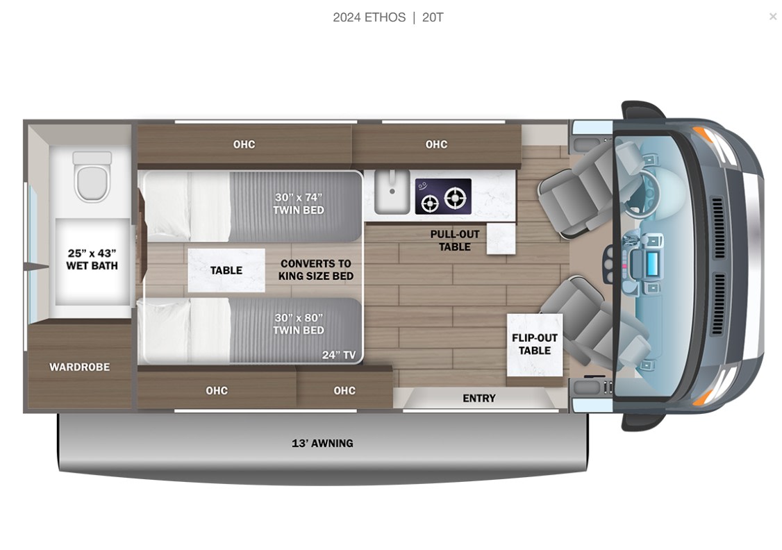 ready for adventure.|Overhead RV floor plan for a 2024 Ethos 20T. Features a wet bath