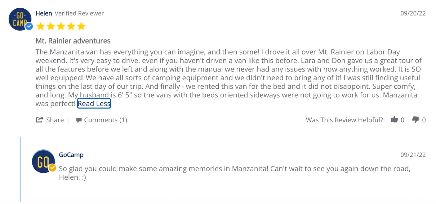 Helen's 5-star rv rental review for GoCamp's Manzanita van details a great Mt. Rainier camping trip & excellent customer experience.