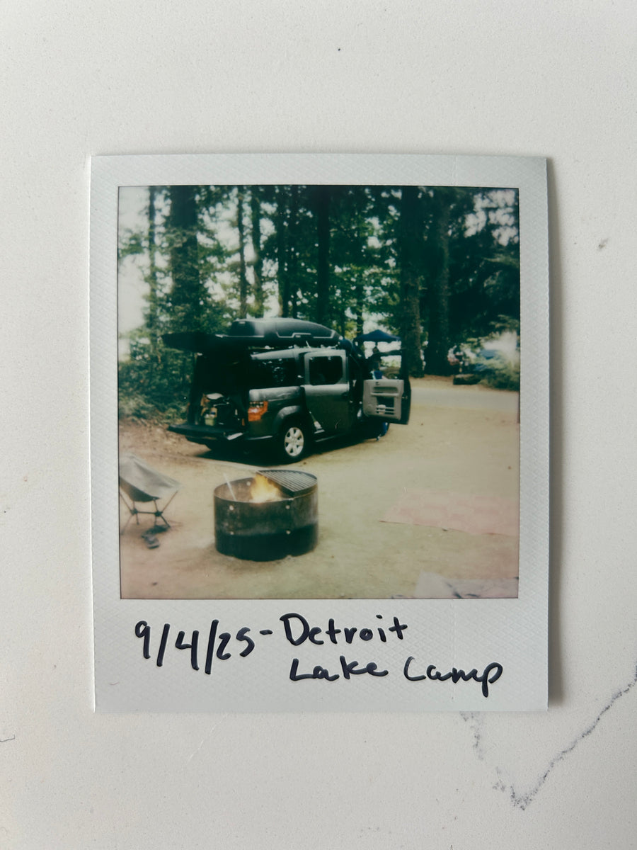 RV rental alternative: A customized Honda Element, equipped for camping at Detroit Lake Camp, 9/4/25, with a cozy fire pit.