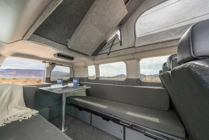 ready for adventure travel.|Inside a Ford rv rental van: driver's view of the dashboard