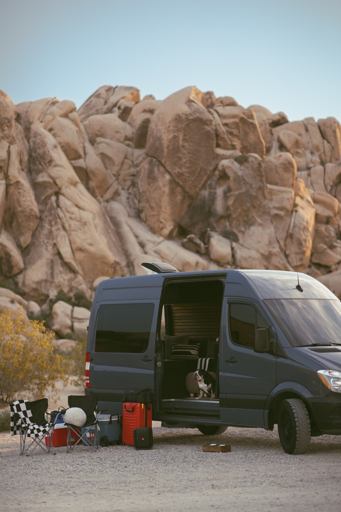 RV rental adventure: a grey camper van parked in a desert landscape with a bulldog, camping gear, and rock formations.