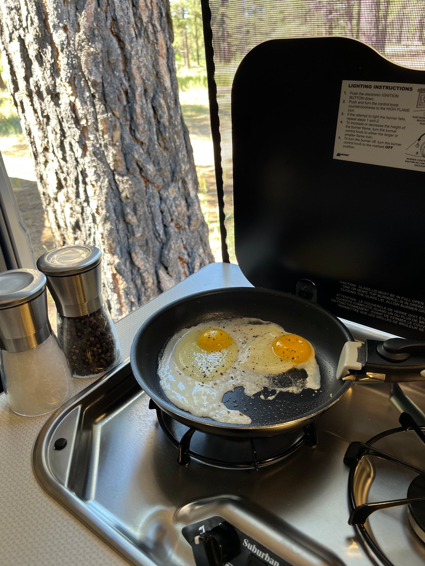 Frying eggs on a Suburban stove in an RV rental, with salt/pepper shakers. Tree and nature visible outside the window.