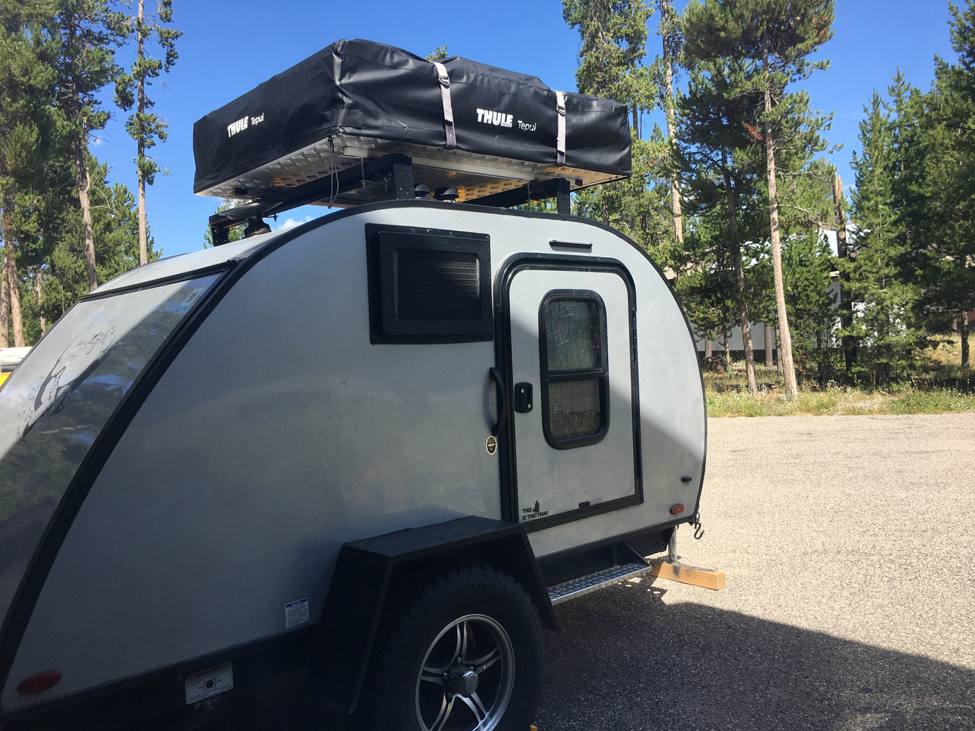 Gray teardrop camper with a Thule Tepui rooftop tent, parked on asphalt near pine trees. Great for an RV rental adventure.