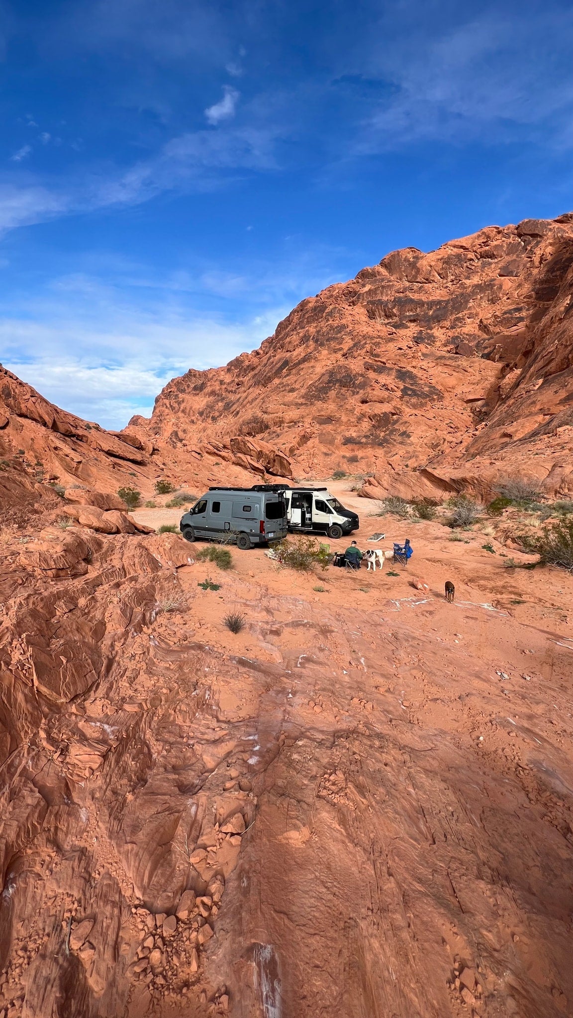 Two RV rental vans parked in a stunning red rock canyon, showing a serene outdoor camp setup with people and dogs. — photo 14