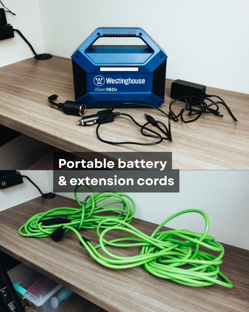 Power your RV rental adventure! Westinghouse portable battery & green extension cords for your camping setup.