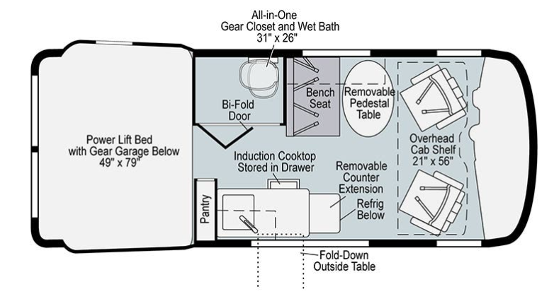 This RV rental floor plan details a compact interior featuring a lift bed, kitchen, wet bath, and versatile seating area.