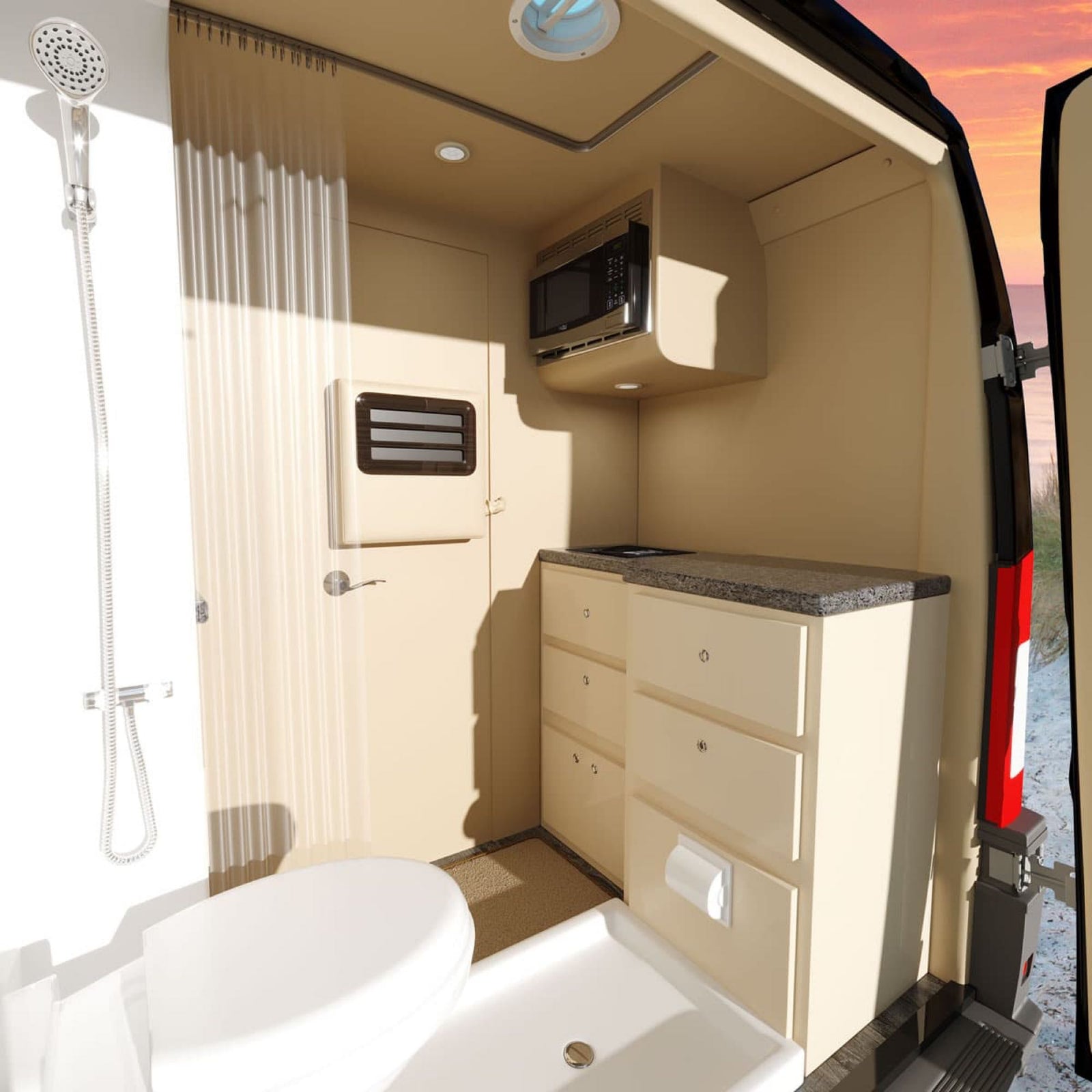 and entertainment screen for ultimate comfort on the go.|Experience luxury travel in this RV rental's spacious interior with cream quilted seats