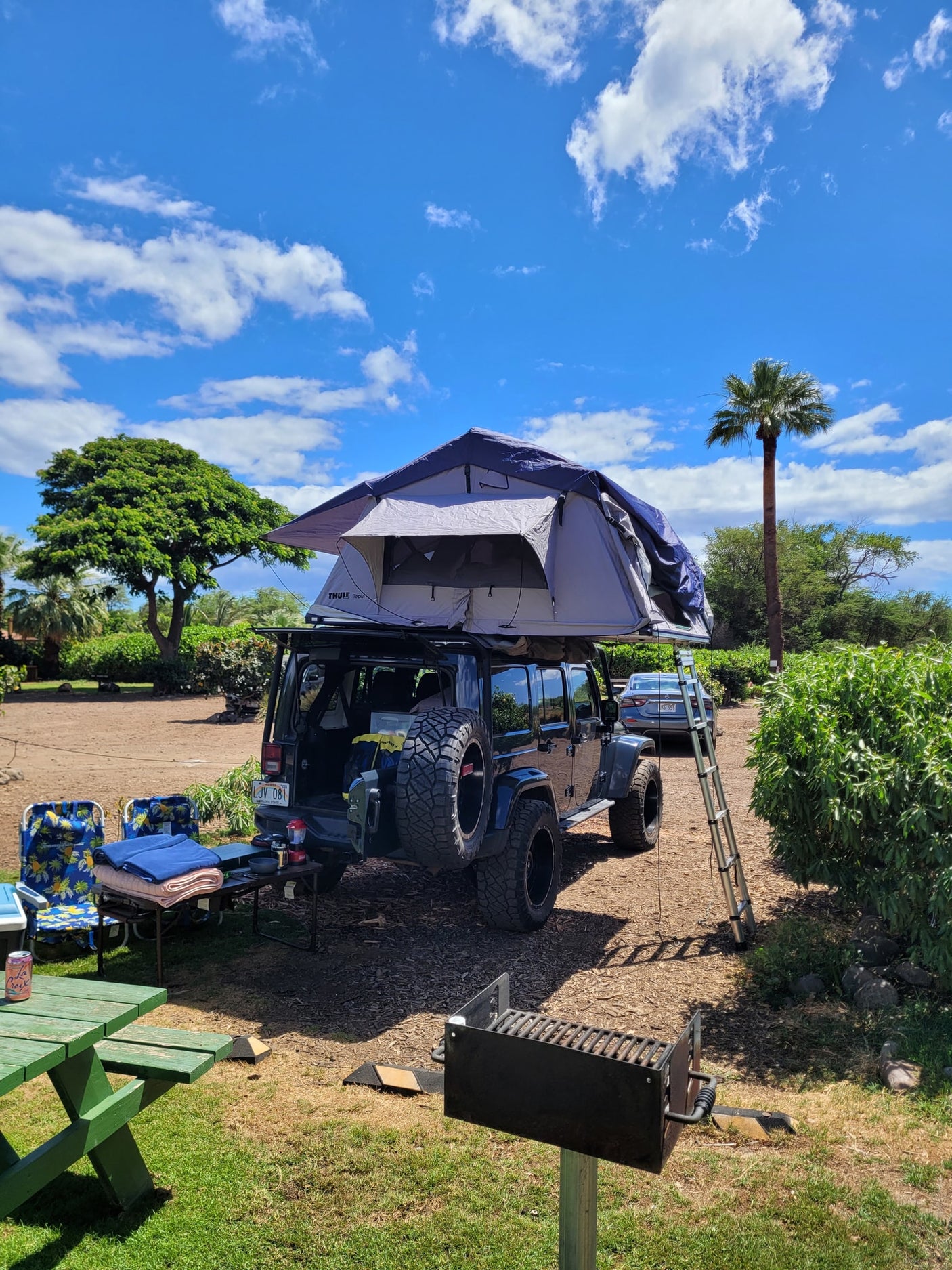 RV rental alternative: A rugged Jeep with a rooftop tent set up at a sunny campsite, complete with picnic table & grill.