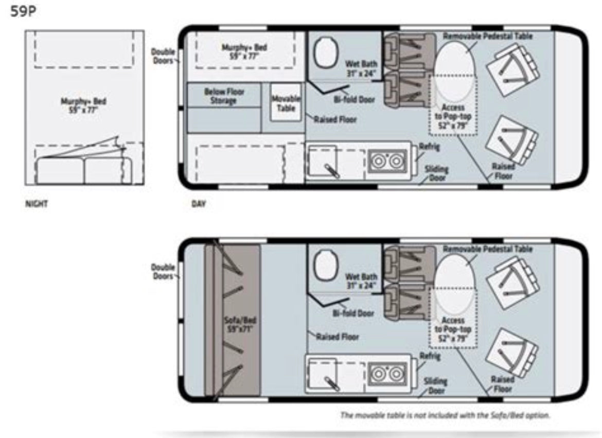 RV rental floor plan for model 59P: adaptable interior showing bed/sofa, wet bath, kitchen, and dining areas.