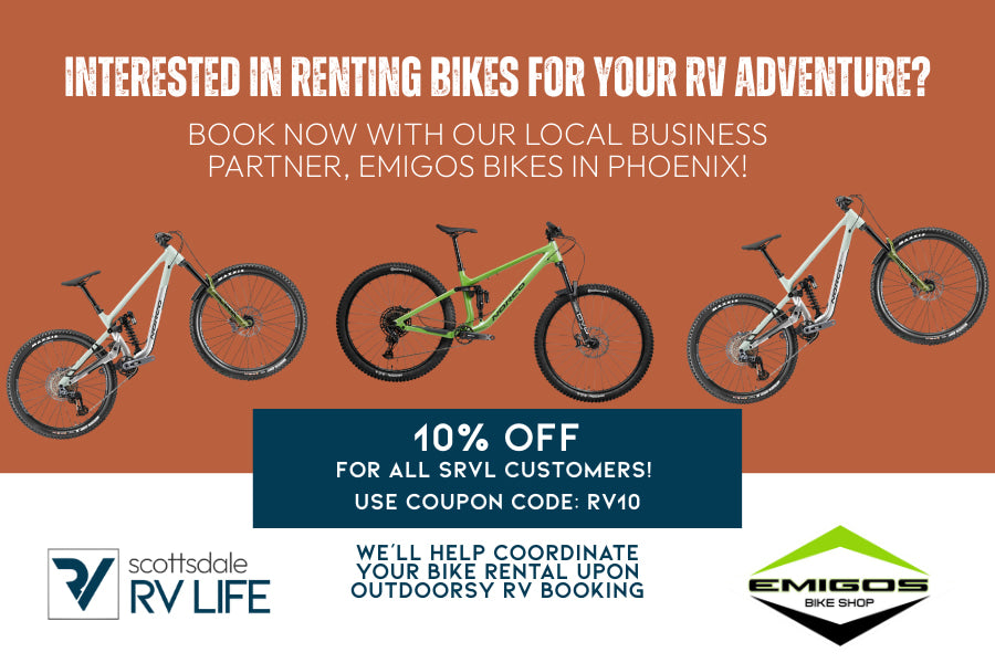 RV rental customers get 10% off bike rentals from Emigos Bikes for their adventure, coordinated by Scottsdale RV Life.