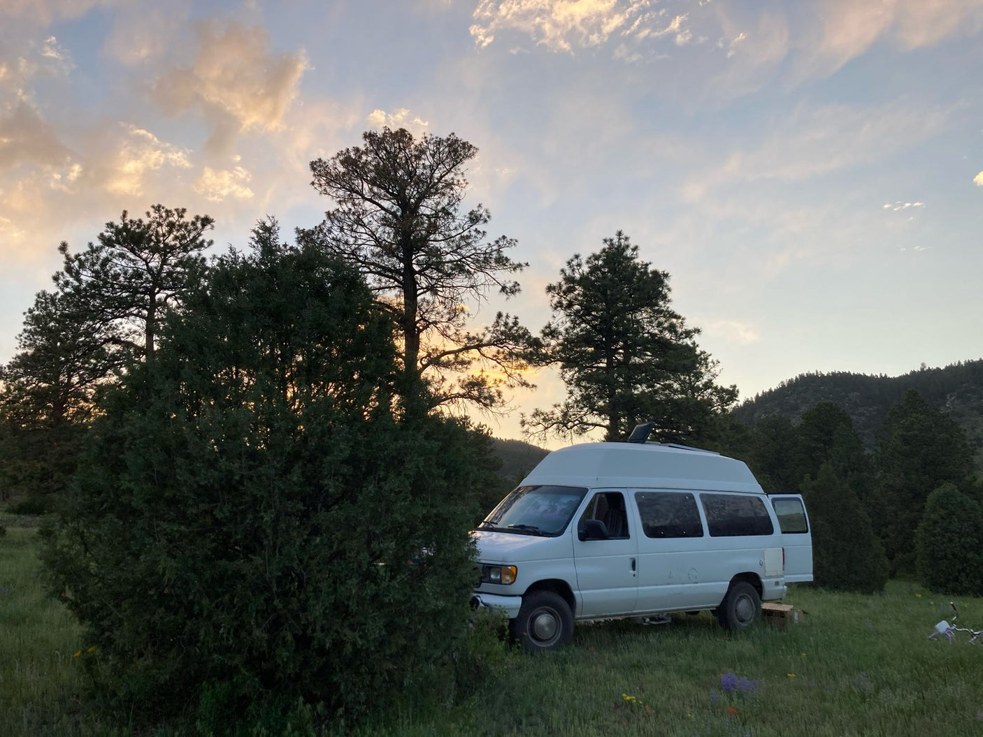 A white high-top van, resembling an RV rental, parked in a grassy field with trees at sunset, with its rear door open.