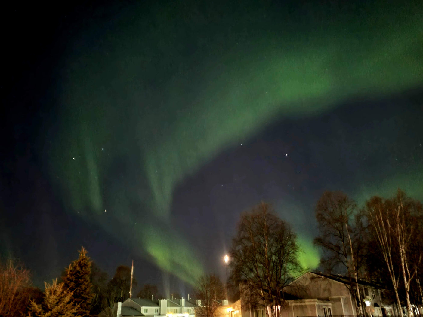Vibrant green Northern Lights streak across a dark night sky over trees & buildings. An RV rental is perfect for aurora viewing!