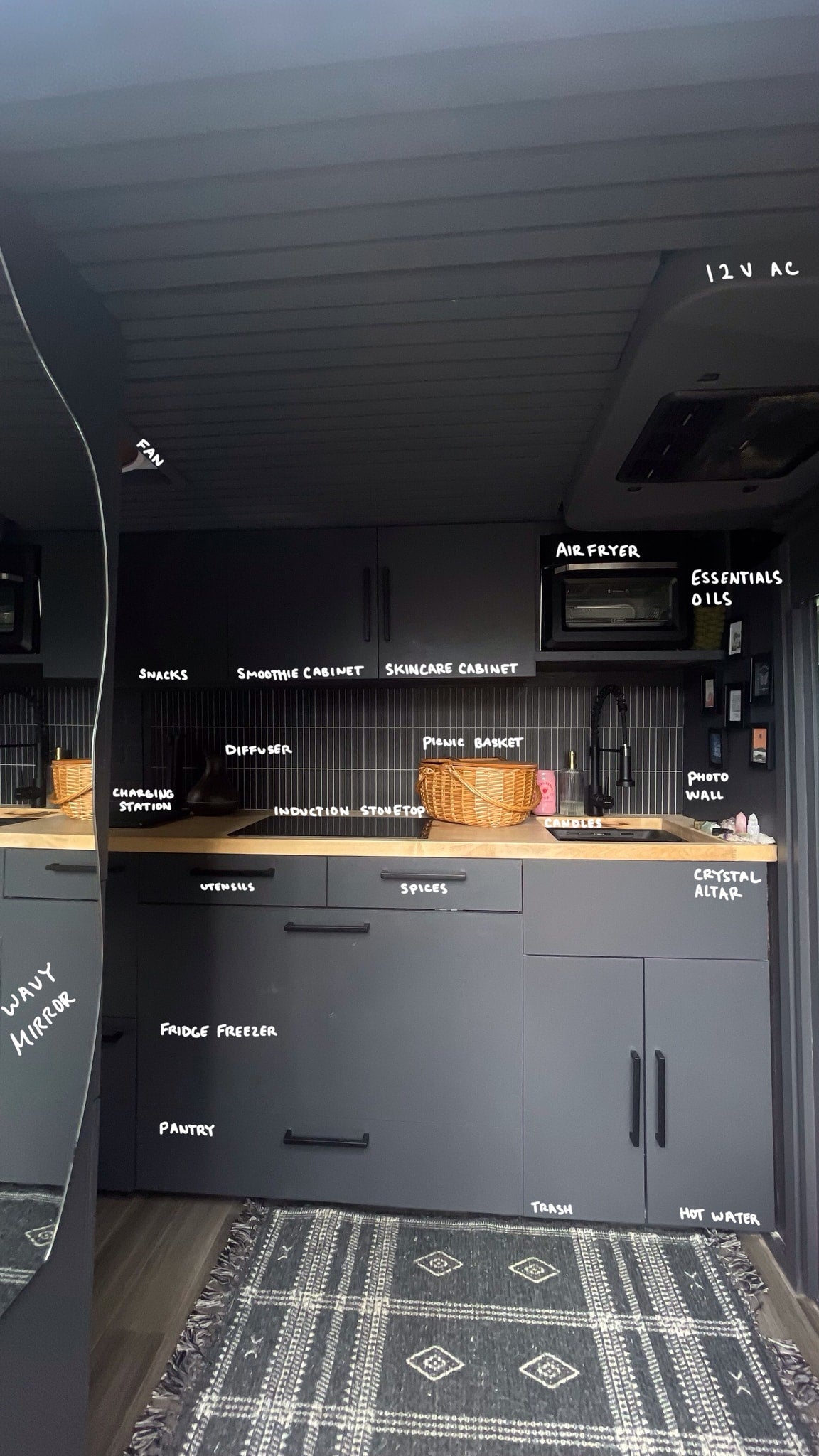 This organized RV rental kitchen features labeled cabinets for snacks