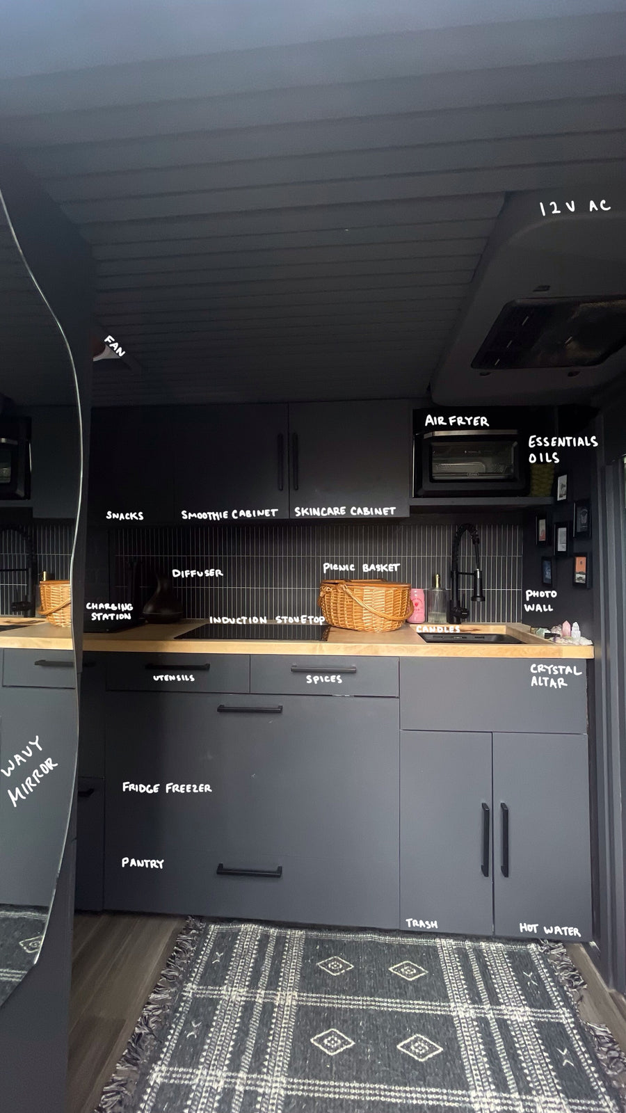 This organized RV rental kitchen features labeled cabinets for snacks