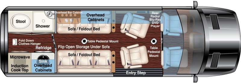 RV rental: detailed interior floor plan with kitchen, shower, foldout beds, and versatile living/dining space.