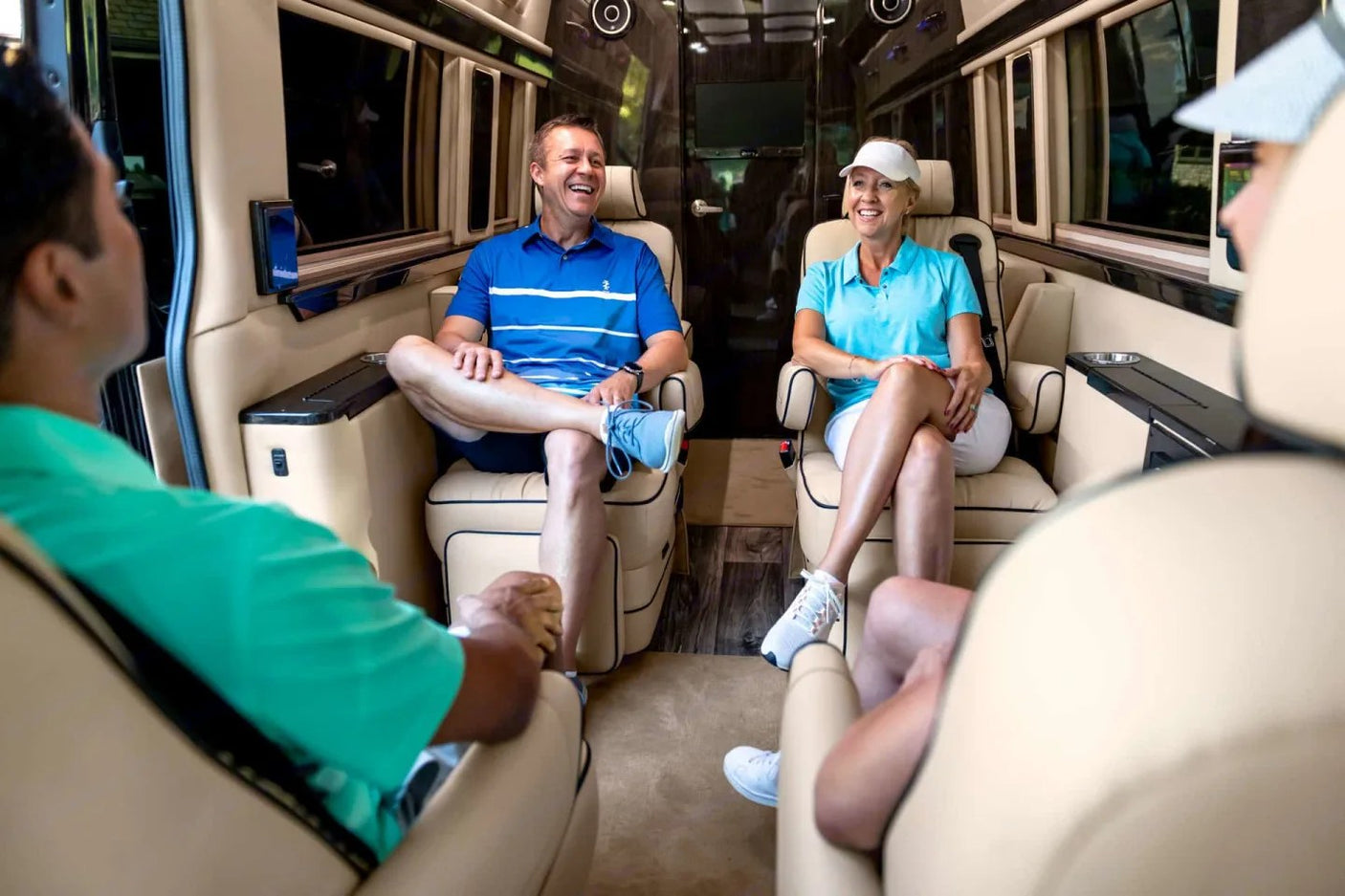 ready for your road trips.|Explore this luxurious RV rental interior: spacious cream leather seating