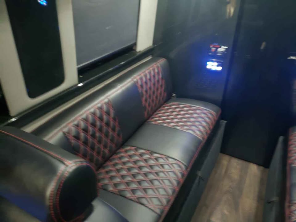 is ideal for RV rental adventures.|A sleek black Mercedes Sprinter van