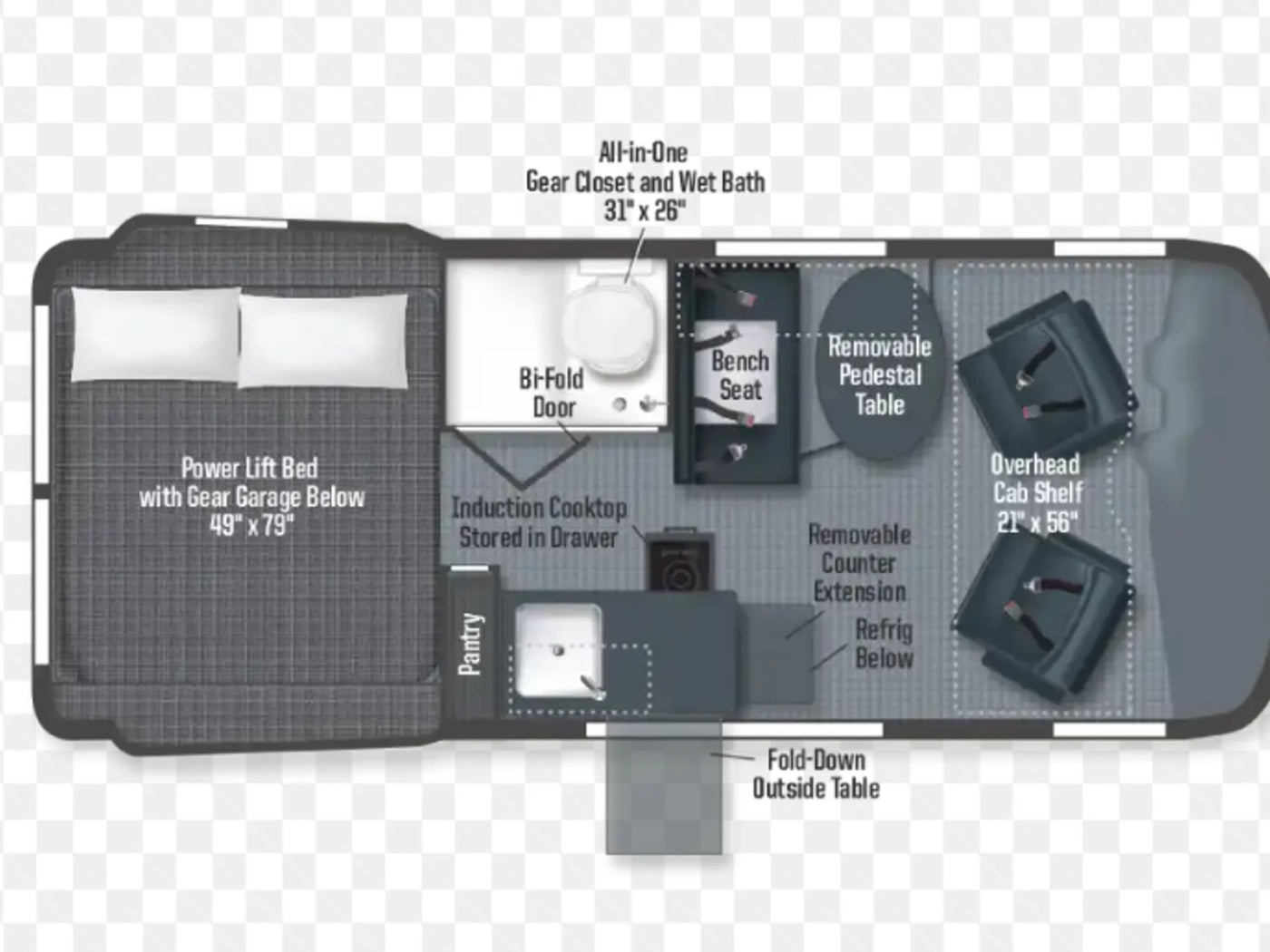 parked outdoors. Perfect for your next RV rental adventure.|RV rental floor plan: compact camper with power lift bed — photo 2