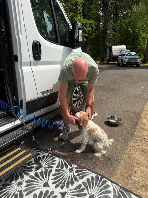 Handy place to wash off muddy boots, sandy feet, and dirty paws! Maggie gets her paws washed off with warm water before entering the van.