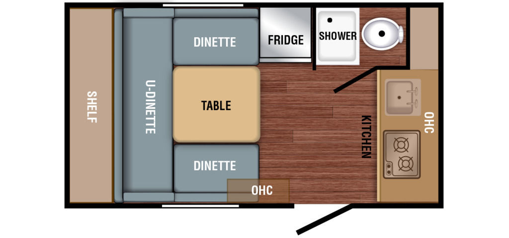 with seating and wall controls.|Greystone two-burner gas cooktop in an RV rental
