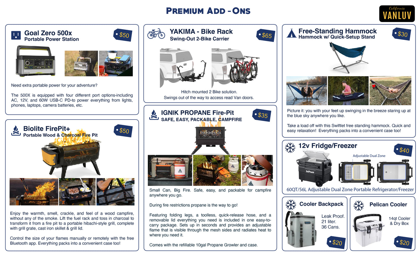 Premium add-ons for RV rental, showcasing portable power, bike racks, hammocks, fire pits, fridge/freezers, and coolers.