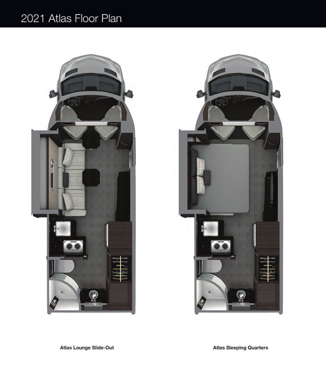 2021 Atlas RV rental floor plans. Top-down view shows lounge with slide-out (left) and sleeping quarters (right), with kitchen/bath.