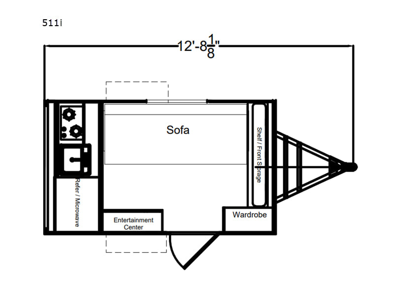 Compact RV rental floor plan: 12' 8 1/8" trailer layout with kitchen, sofa, entertainment center, wardrobe, storage.