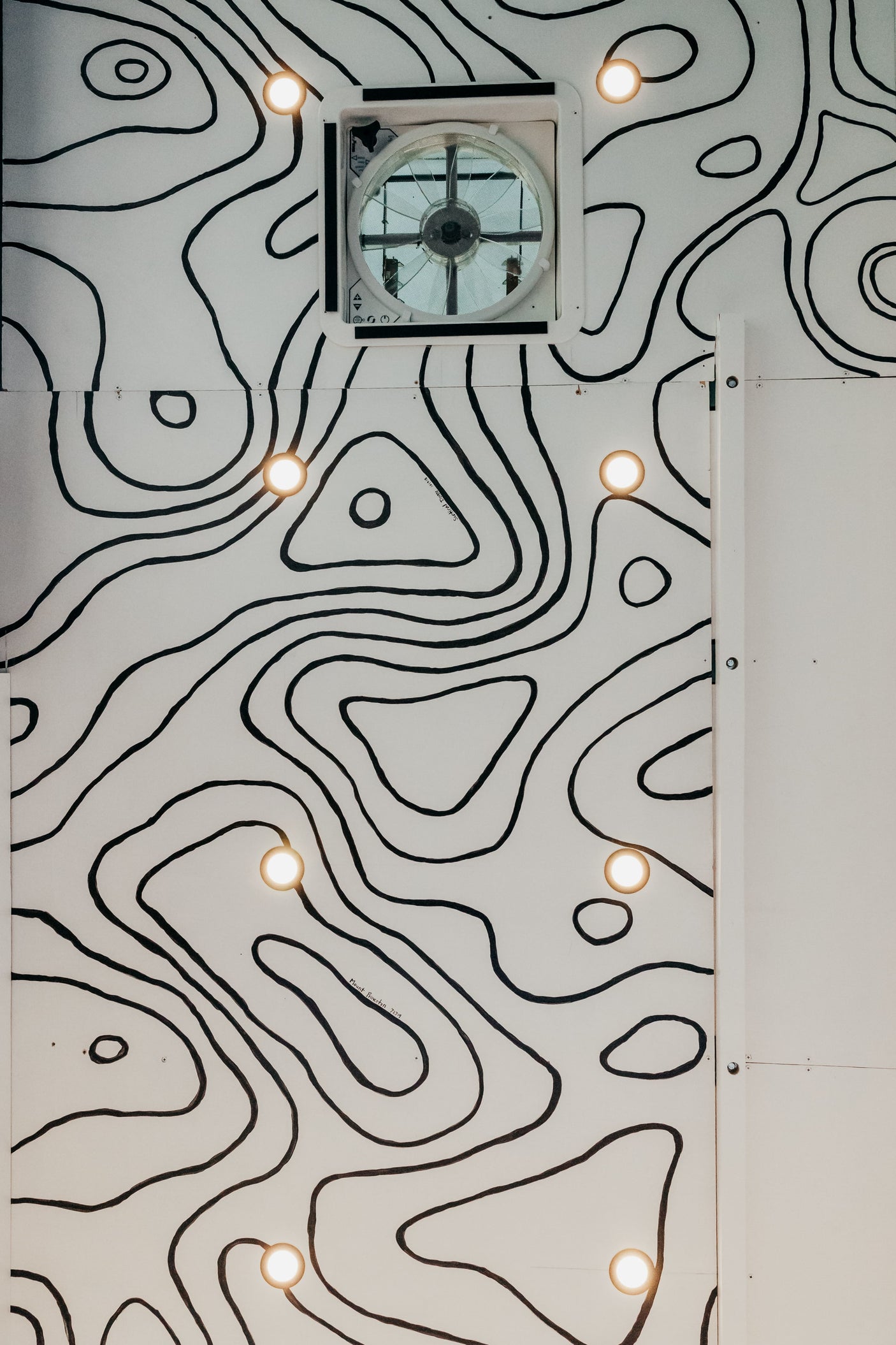 RV rental interior ceiling with unique black and white topographic map design, integrated lights, and a central fan.