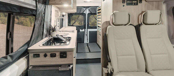 and scenic window views.|A person reads in an RV rental camper van parked at a scenic red rock canyon campsite