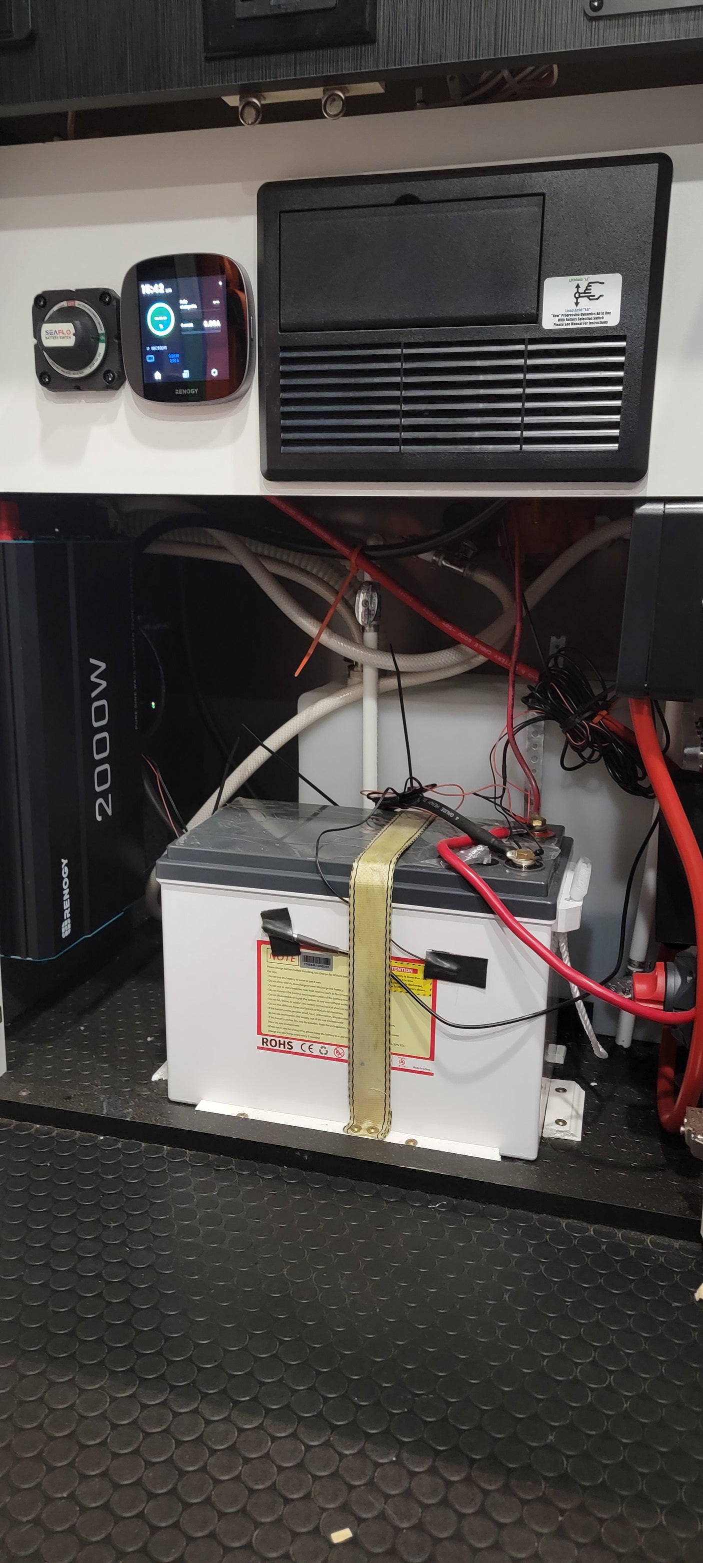 RV rental power system: Renogy 2000W inverter, battery, monitor, and electrical panel with battery switch visible.