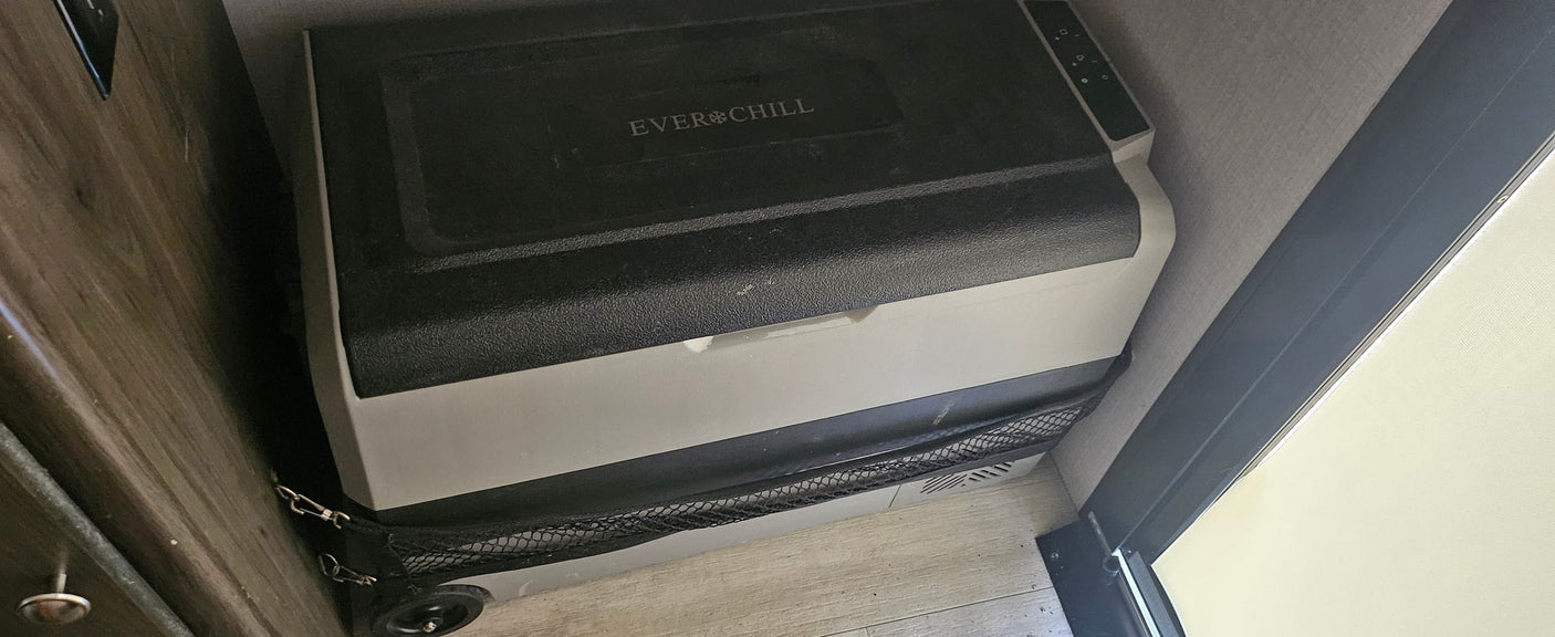 Ever Chill portable electric cooler in an RV rental, providing convenient cold storage for food and drinks on your adventure.