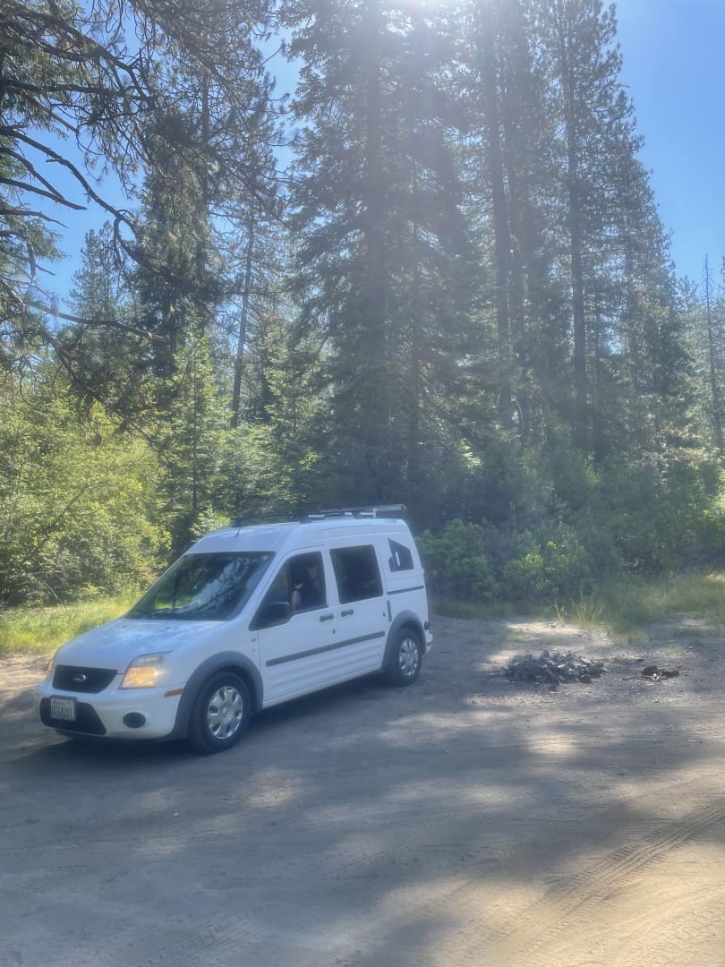 A white camper van, perfect RV rental, parked in a sunny forest clearing. Ready for outdoor camping adventures.