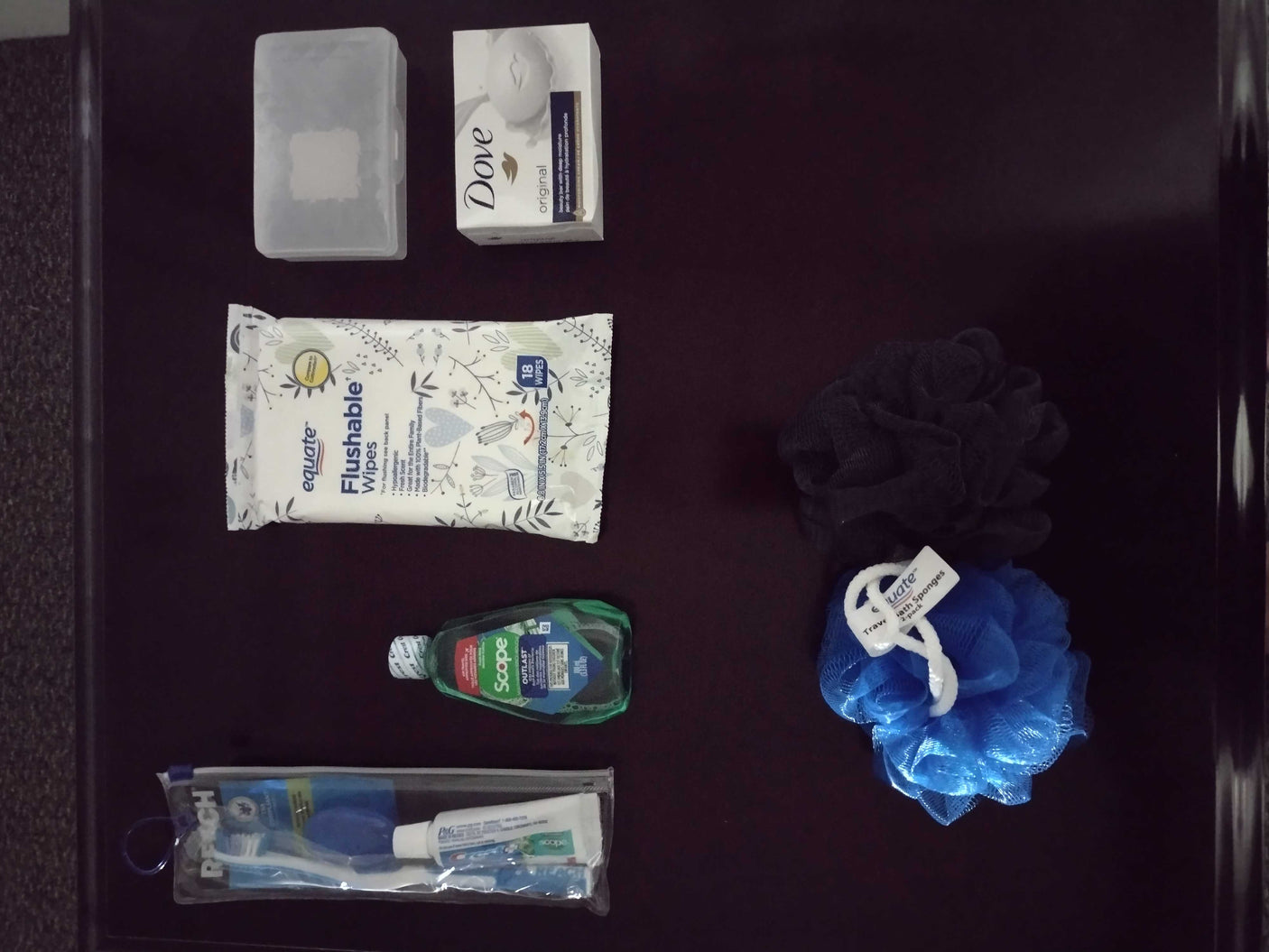 Assorted travel toiletries, including wipes, soap, and bath sponges, neatly organized for an RV rental trip.