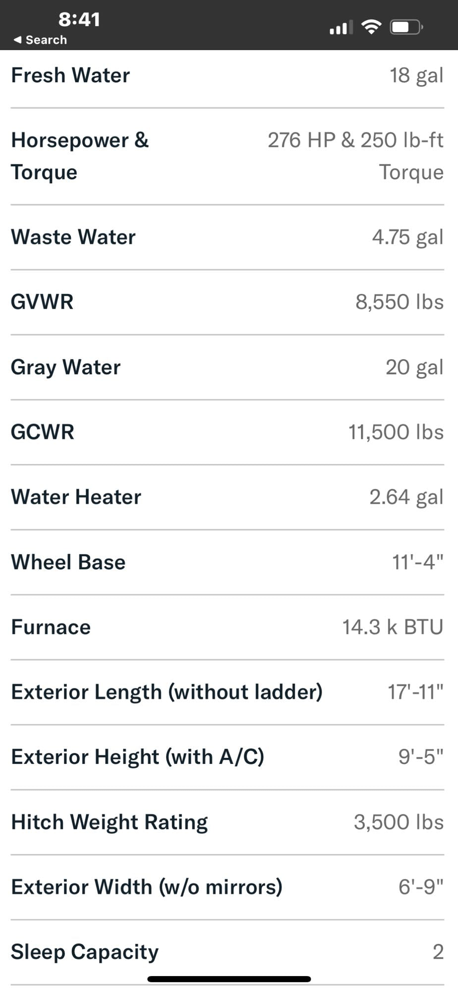 RV rental specifications screen: Displays fresh, waste, gray water capacities, dimensions, weight ratings, and sleep capacity for an RV.
