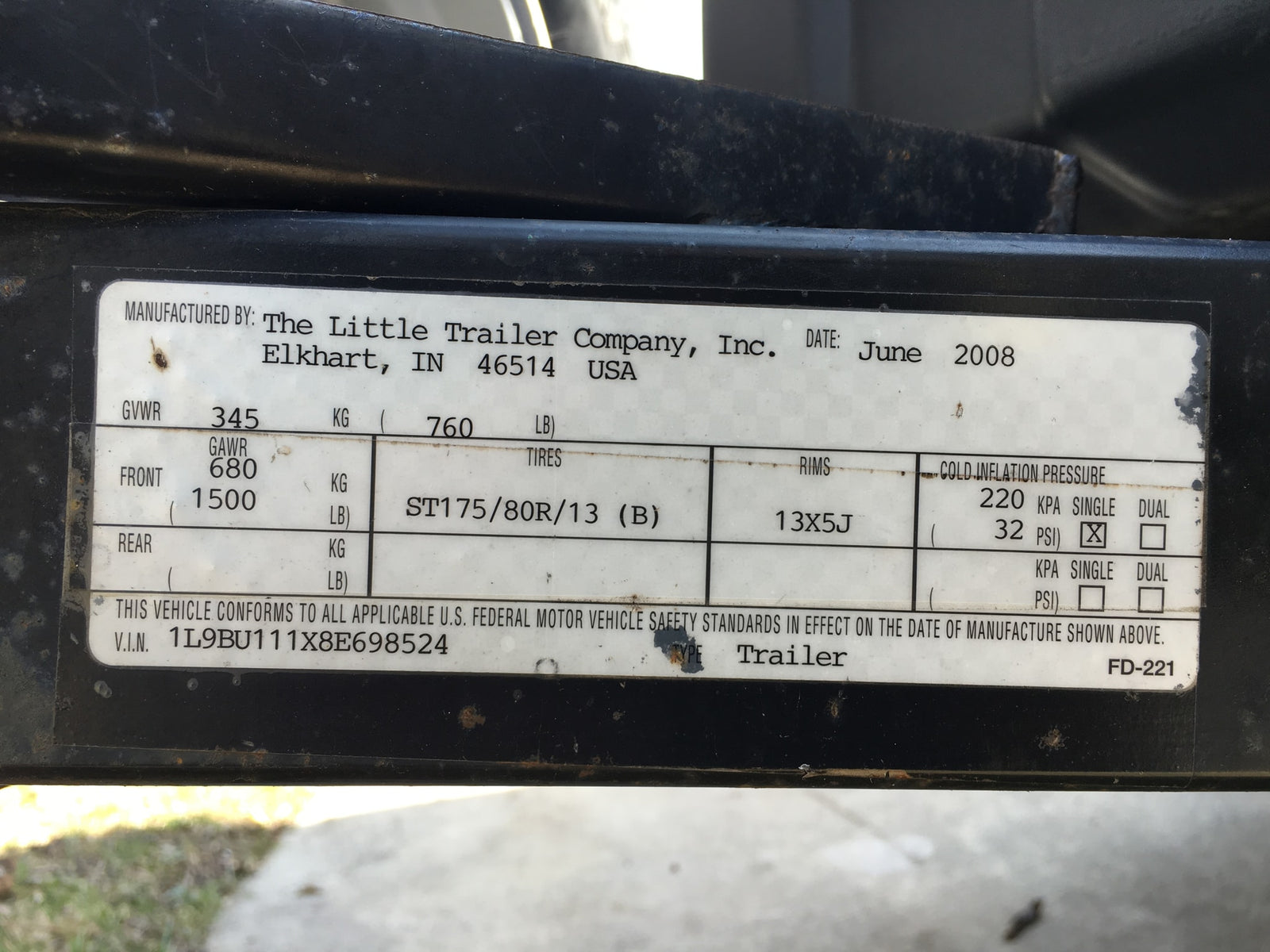 Trailer spec data plate for rv rental, showing GVWR, tire size, and VIN. From June 2008.
