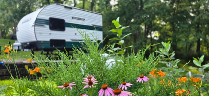 steps & pet bed in a lush outdoor setting.|Enjoy nature's beauty with an RV rental! Pink coneflowers and orange lilies frame a cozy camper amidst green trees.|An RV rental travel trailer and blue SUV set up at a vibrant forest campsite with a tent and chairs.|Compact Sun Lite travel trailer