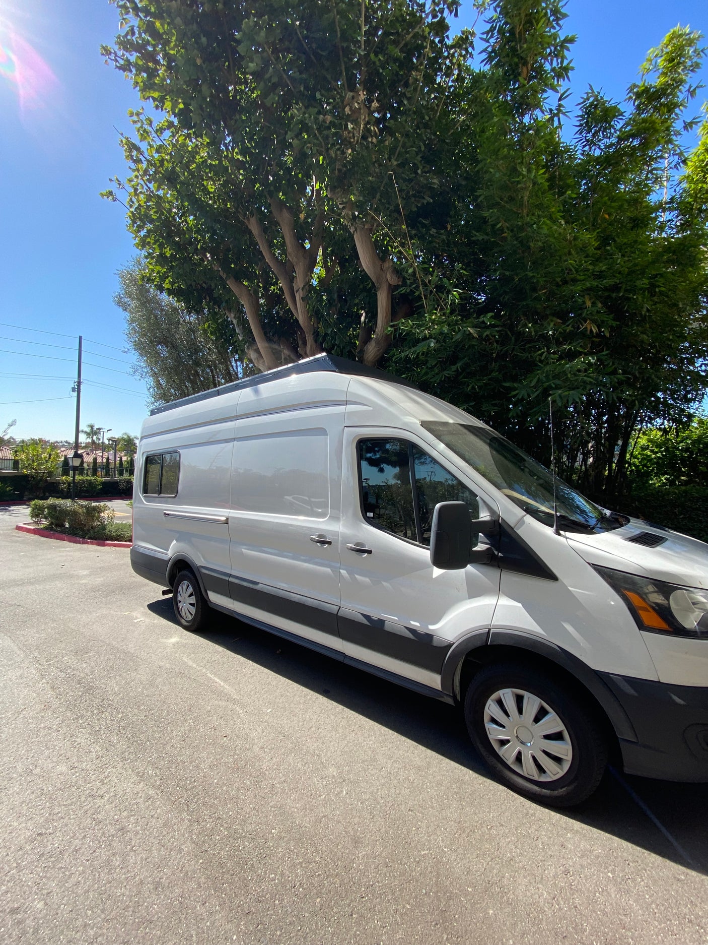 White Ford Transit RV rental van parked on sunny asphalt beside green trees.